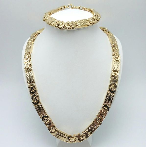 11mm width fashion silver stainless steel necklace and bracelet customized 18k gold plated flat byzantine jewelry set for men6238803
11mm width fashion silver stainless steel necklace and bracelet customized 18k gold plated flat byzantine jewelry set for men6238803