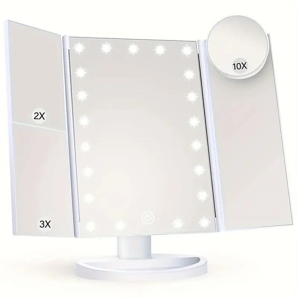 tri-fold lighted vanity mirror with 21 led lights, touch screen and 3x/2x/1x magnification, two power supply modes make up mirror, travel mi
tri-fold lighted vanity mirror with 21 led lights, touch screen and 3x/2x/1x magnification, two power supply modes make up mirror, travel mi