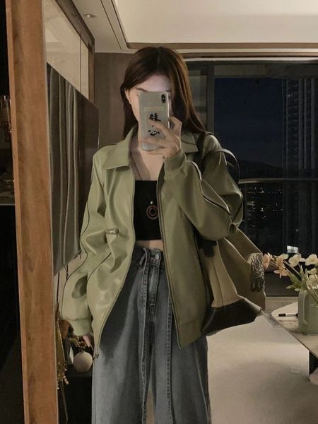 women's jackets pu leather solid trendy jacket female 2023 autumn american vintage fashion high coats long sleeve loose short 230821, Black;brown
women's jackets pu leather solid trendy jacket female 2023 autumn american vintage fashion high coats long sleeve loose short 230821, Black;brown