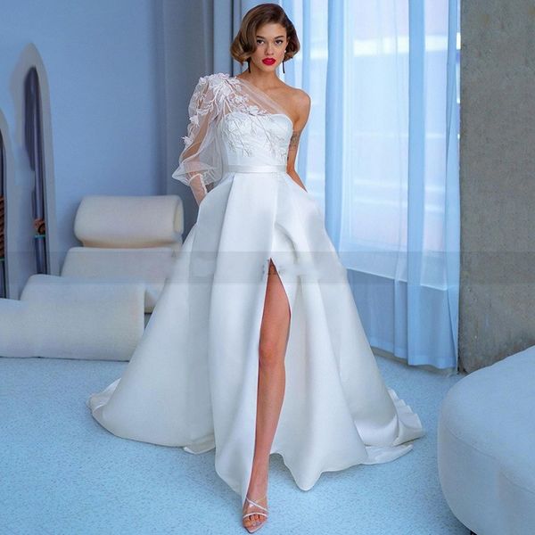 white one shoulder long sleeve wedding dresses satin split bride dress lace flowers beach couture spring wedding gowns 2024
white one shoulder long sleeve wedding dresses satin split bride dress lace flowers beach couture spring wedding gowns 2024