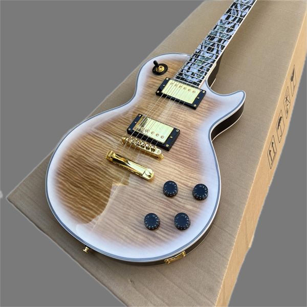 mahogany electric guitar with white edge, flame explosion, pink, brown, brown, gold hardware
mahogany electric guitar with white edge, flame explosion, pink, brown, brown, gold hardware