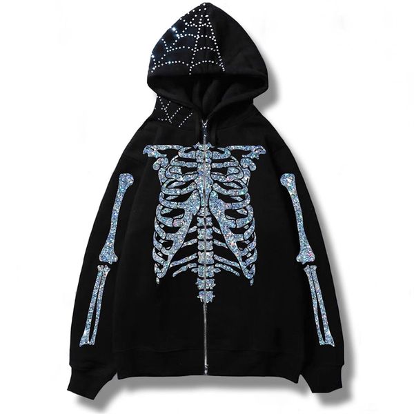 

men's hoodies sweatshirts zip diamond skull embellished hoodies men women fashion all-match jacket retro streetwear gothic teen apparel, Black