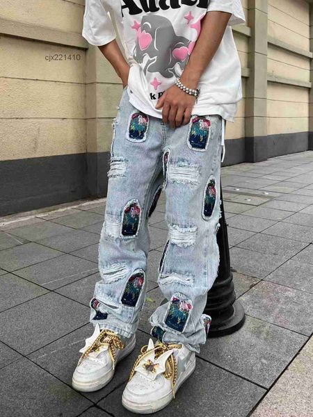 personality patch jeans leg all-in-one long pants, Blue
