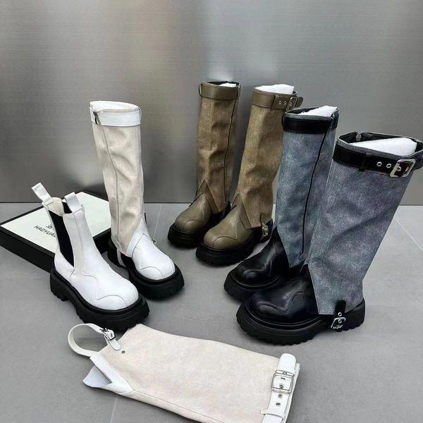 2023 autumn new leather denim two wear set foot high boots round head thick soled long boots pant boots women's shoes, Black
2023 autumn new leather denim two wear set foot high boots round head thick soled long boots pant boots women's shoes, Black