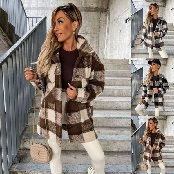 womens wool blends plaid pattern medium long sleeve one breasted shirt coats for women plush warm coat 230822, Black
womens wool blends plaid pattern medium long sleeve one breasted shirt coats for women plush warm coat 230822, Black