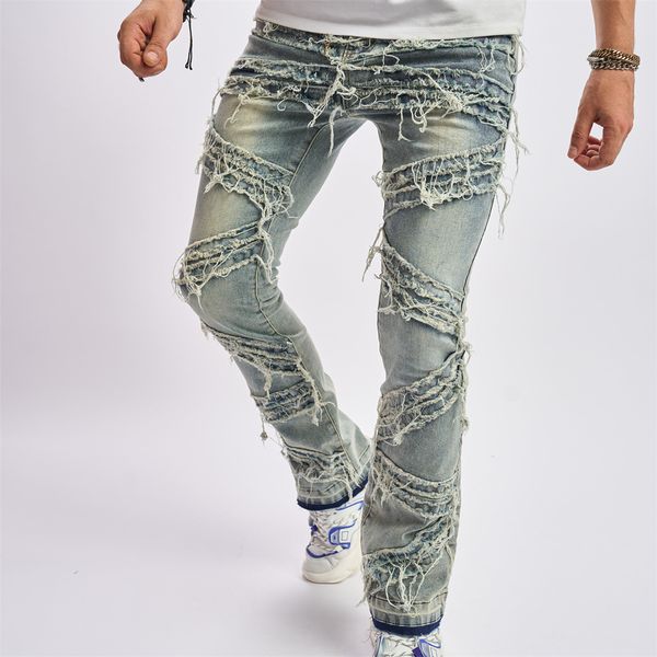 men's ripped stacked jeans distressed destroyed straight denim pants streetwear loose fitting wide leg pants, Blue
men's ripped stacked jeans distressed destroyed straight denim pants streetwear loose fitting wide leg pants, Blue