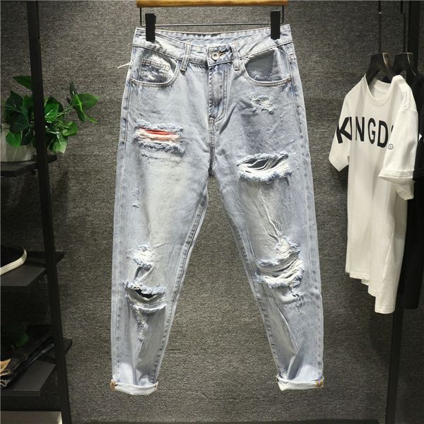 men's jeans men's loose big hole nine point straight denim pants baggy jeans for men y2k streetwear 230821, Blue
men's jeans men's loose big hole nine point straight denim pants baggy jeans for men y2k streetwear 230821, Blue