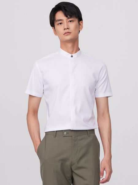 men's casual shirts summer short sleeve stand collar slight strech shirt without pocket front hidden buttons placket standardfit dress, White;black
men's casual shirts summer short sleeve stand collar slight strech shirt without pocket front hidden buttons placket standardfit dress, White;black