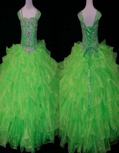 cute lime green toddler girls pageant dresses ball gown organza ruffled cap short sleeves little girl crystal bead flower girls dr2152425, White;red