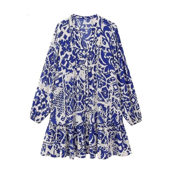 summer fashionable round neck long sleeve ruffled blue print dress for women, Black;gray
summer fashionable round neck long sleeve ruffled blue print dress for women, Black;gray
