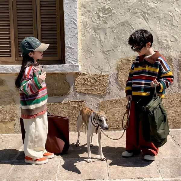 family matching outfits children sweater autumn winter style brother and sister polo neck stripe knitted boys girls rainbow coat 230821, Blue
family matching outfits children sweater autumn winter style brother and sister polo neck stripe knitted boys girls rainbow coat 230821, Blue