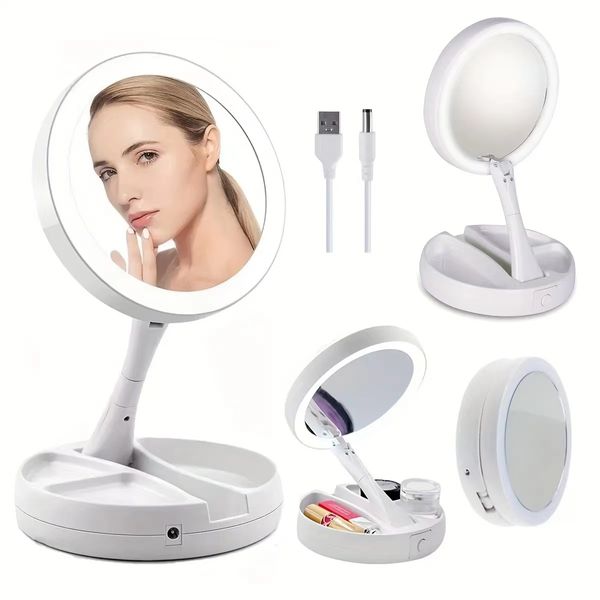 Image of 1pc Foldable Makeup Mirror With Led Light Storage Box Organizer, Double Sided 1X & 10X Magnifying Retractable Mirror For Table, Vanity, Cosmetic