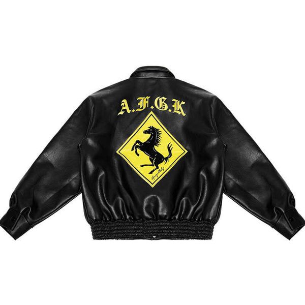 

Mens Jackets Men Women Leather Jacket Autumn Thicken Windproof Loose Bomber Jackets Street Hip Hop Horse Embroidery Warm Winter Coats Black J230821, Yellow