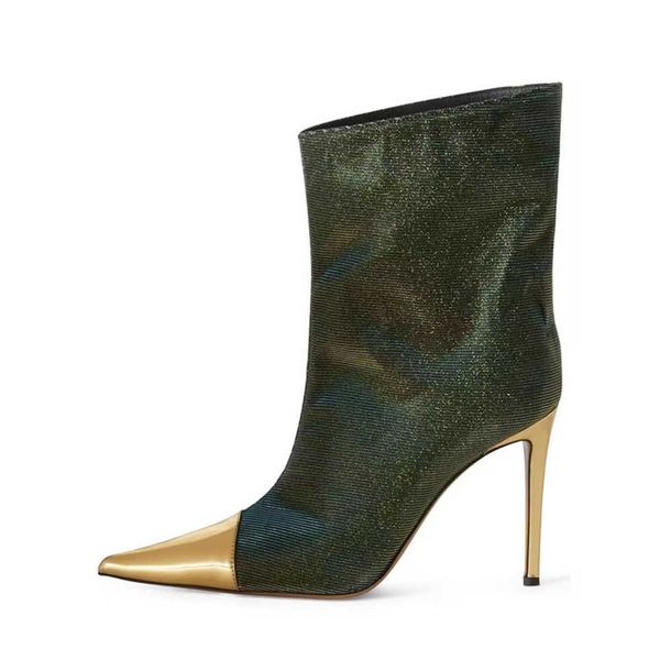 new style pointed toe color matching thin heel short boots with gold suede patch sleeve high versatile fashion 230822, Black
new style pointed toe color matching thin heel short boots with gold suede patch sleeve high versatile fashion 230822, Black