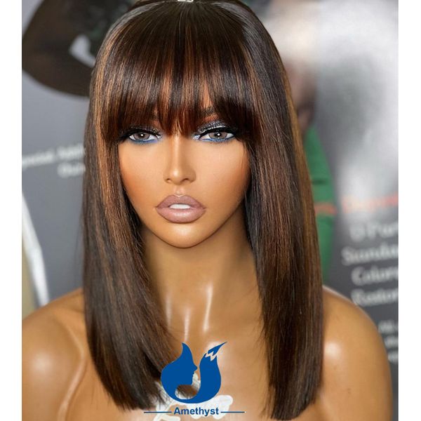 220%density Brown Highlight Short Bob Human Hair Wig with Bangs for Women Top Full Machine Wig Brazilian Remy Straight Bob, Mix color
220%density Brown Highlight Short Bob Human Hair Wig with Bangs for Women Top Full Machine Wig Brazilian Remy Straight Bob, Mix color