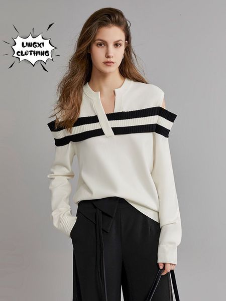 womens sweaters spring and autumn small fragrant sweater vneck french stripe splice elegant style off shoulder street 230822, White;black
womens sweaters spring and autumn small fragrant sweater vneck french stripe splice elegant style off shoulder street 230822, White;black