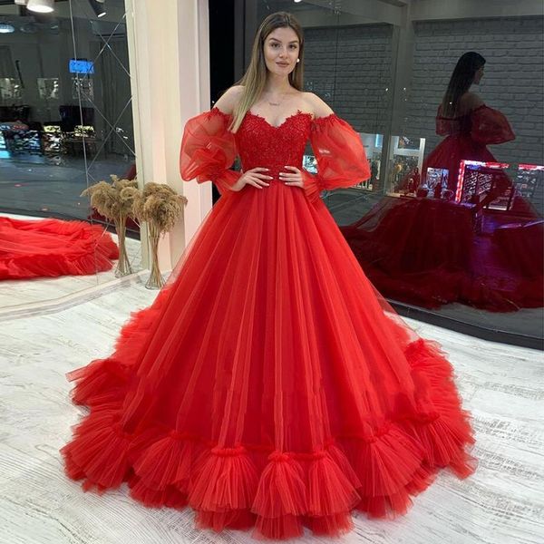 Red Sweetheart Puff Sleeve Evening Gown