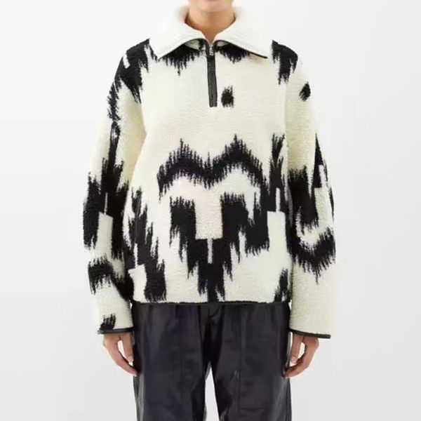 trendy sweater coat fun print half zip lapel fleece casual coat for women, Black