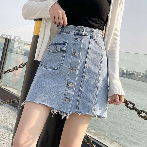 high waisted denim a line skirt summer korean single breasted casual for women, Black
high waisted denim a line skirt summer korean single breasted casual for women, Black