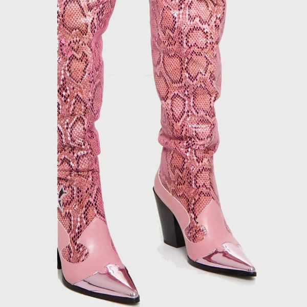 new style fashion pink snake pattern pointed thick heel high boots over knee long women's large 230822, Black
new style fashion pink snake pattern pointed thick heel high boots over knee long women's large 230822, Black
