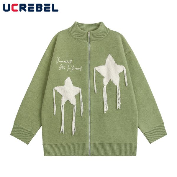 men's sweaters fivepointed star towel embroidery knitted sweater mens autumn loose long sleeve stand collar cardigan outerwear men 2308, White;black
men's sweaters fivepointed star towel embroidery knitted sweater mens autumn loose long sleeve stand collar cardigan outerwear men 2308, White;black