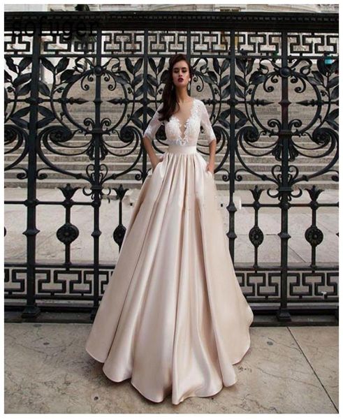 a line lace and satin wedding dresses half sleeve sheer neck ruffle simple bridal wedding gowns back custom made formal party1147356, White
a line lace and satin wedding dresses half sleeve sheer neck ruffle simple bridal wedding gowns back custom made formal party1147356, White