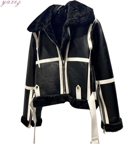 women039s jackets 2021 pu leather lamb fur patchwork jackert autumn winter white stripe contrast belt label motocycle coat over6102106, Black;brown
women039s jackets 2021 pu leather lamb fur patchwork jackert autumn winter white stripe contrast belt label motocycle coat over6102106, Black;brown