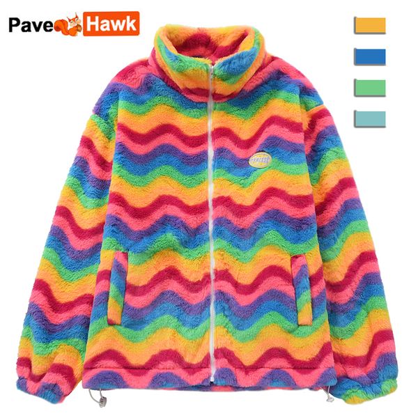 men s jackets winter plush jacket men women rainbow stripe patchwork college high street lambswool coats stand collar 230823, Black;brown
men s jackets winter plush jacket men women rainbow stripe patchwork college high street lambswool coats stand collar 230823, Black;brown