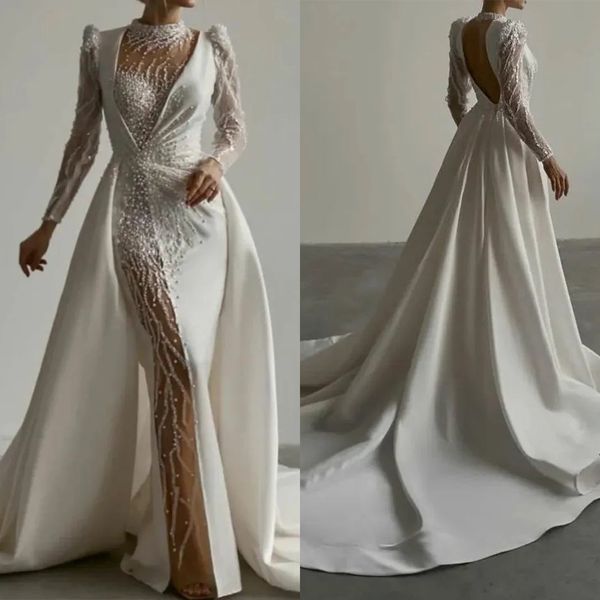 gorgeous mermaid wedding dresses high collar long sleeves beads appliques bridal gowns custom made sweep train robe de mariee, White
gorgeous mermaid wedding dresses high collar long sleeves beads appliques bridal gowns custom made sweep train robe de mariee, White