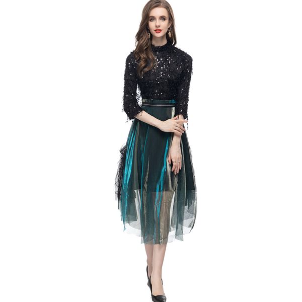 women's runway designer two piece dress o neck 3/4 sleeves sequined blouse with layed skirt fashion twinset sets, White
women's runway designer two piece dress o neck 3/4 sleeves sequined blouse with layed skirt fashion twinset sets, White