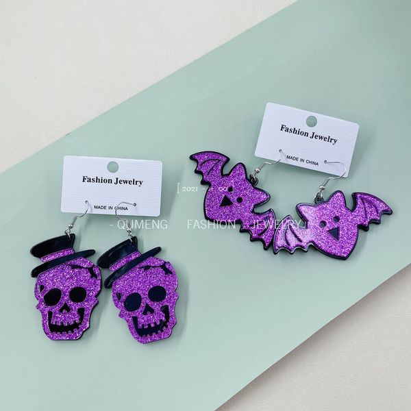 halloween new exaggerated acrylic bat skull head earrings personalized purple exaggeration, Silver
halloween new exaggerated acrylic bat skull head earrings personalized purple exaggeration, Silver