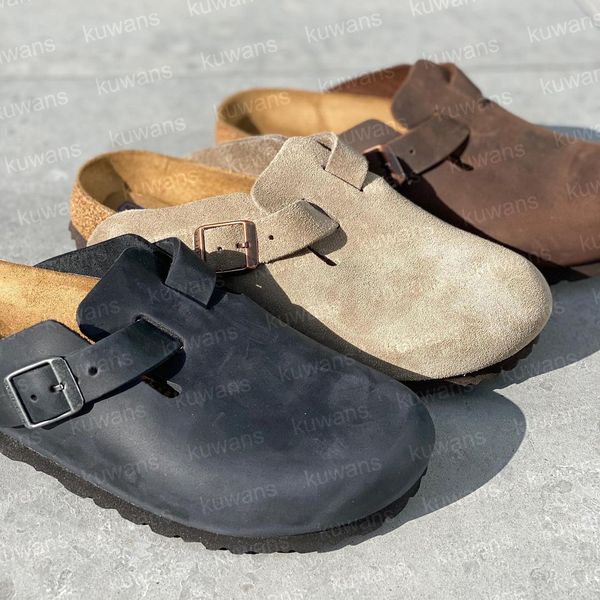 

Designer Bostons Clogs Sandals Clog Slippers Cork Flat Fashion Summer Leather Slide Favourite Beach Casual Shoes Women Men Size 35-45, Dark grey