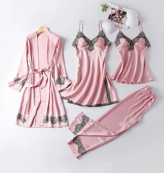 women ice silk 4 pcs pajamas set cami long pants nightgown robe embroidery lace trim sleepwear with chest pads7470795, Black;red
women ice silk 4 pcs pajamas set cami long pants nightgown robe embroidery lace trim sleepwear with chest pads7470795, Black;red