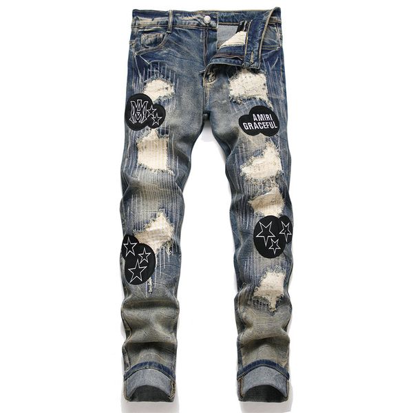 men's tight elastic jeans youth men's broken hole embroidered cross emblem small foot jeans, Blue
men's tight elastic jeans youth men's broken hole embroidered cross emblem small foot jeans, Blue