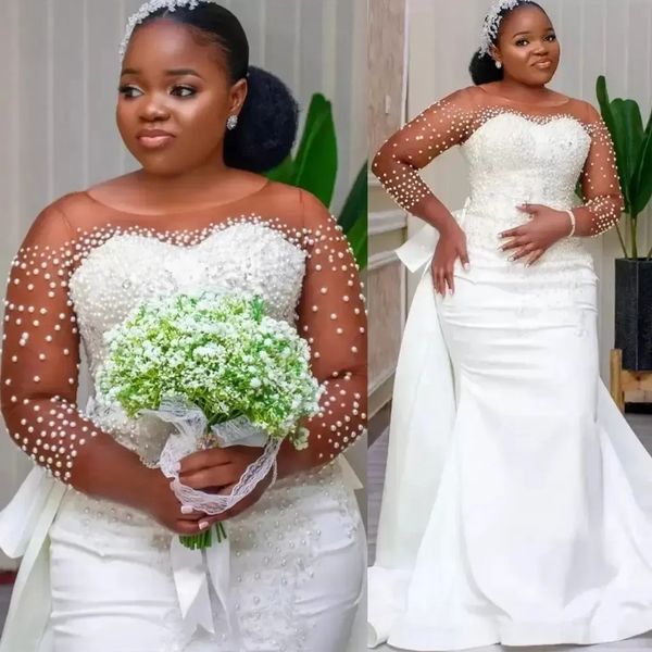luxury pearls plus size mermaid wedding dress with detachable train lace appliques sheer sleeve bridal gowns vestidos de noiva, White
luxury pearls plus size mermaid wedding dress with detachable train lace appliques sheer sleeve bridal gowns vestidos de noiva, White