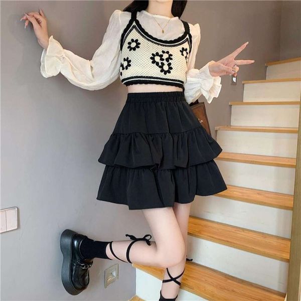 spring and summer chic double layered pleated skirt short high waist half length fluffy for women, Black 
spring and summer chic double layered pleated skirt short high waist half length fluffy for women, Black