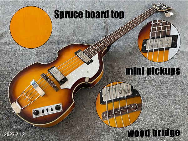 4 string electric bass guitar, sunburst spruce board flame body back, chrome parts, mini pickup and wooden bridge
4 string electric bass guitar, sunburst spruce board flame body back, chrome parts, mini pickup and wooden bridge