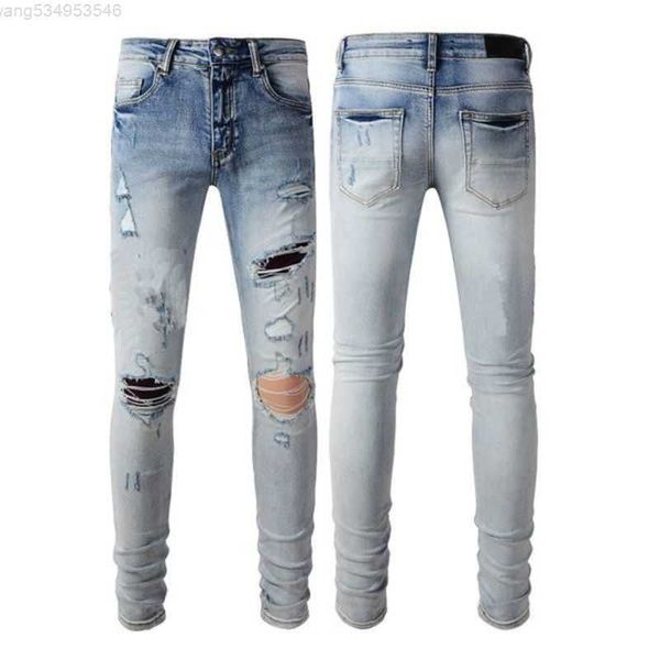 flared jeans stacked purple designer man long pants trousers streetwear washed old jeans hole 28-40 i786, Blue