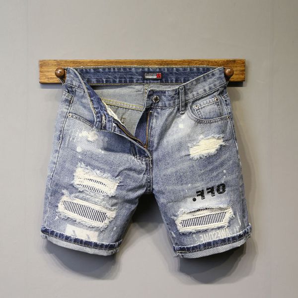 men's jeans summer ripped hole shorts men's korean straight micro elastic patch beggar short pants high-end designer handsome jean, Blue
men's jeans summer ripped hole shorts men's korean straight micro elastic patch beggar short pants high-end designer handsome jean, Blue
