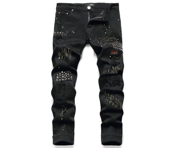 black rivets men039s jeans stretch ripped paint denim pants fashion slim embroidery trousers punk style male clothing pantalone7177898, Blue
black rivets men039s jeans stretch ripped paint denim pants fashion slim embroidery trousers punk style male clothing pantalone7177898, Blue
