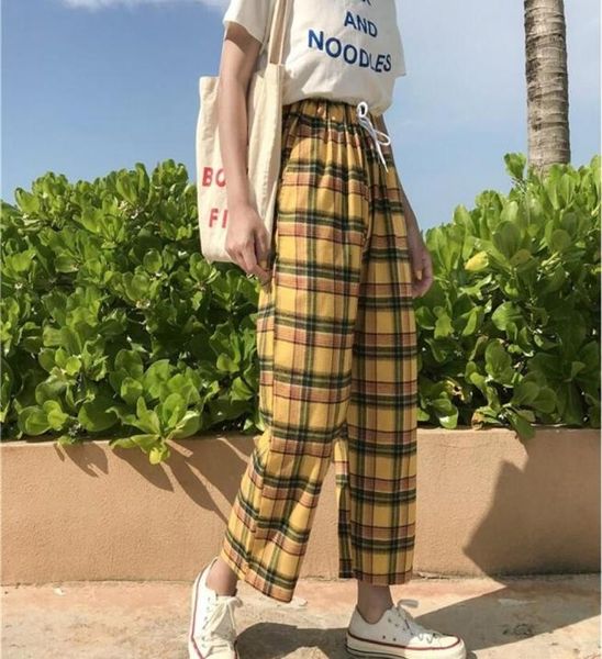 summer plaid elastic waist wide leg pants 2011110123451604292, Black;white