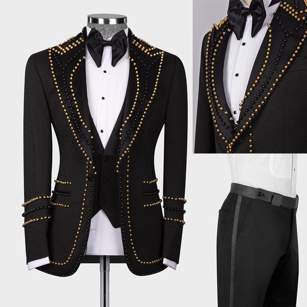wedding men's suits design gold beads peaked lapel tuxedos formal slim fit groom wear 2 pieces jacket and pants, Black;gray
wedding men's suits design gold beads peaked lapel tuxedos formal slim fit groom wear 2 pieces jacket and pants, Black;gray