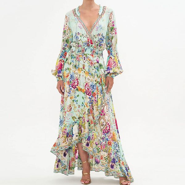 designer dress with deep v-neck, long sleeves, elastic waist, ruffled edge, green printing, new women's long dress, Black;gray
designer dress with deep v-neck, long sleeves, elastic waist, ruffled edge, green printing, new women's long dress, Black;gray