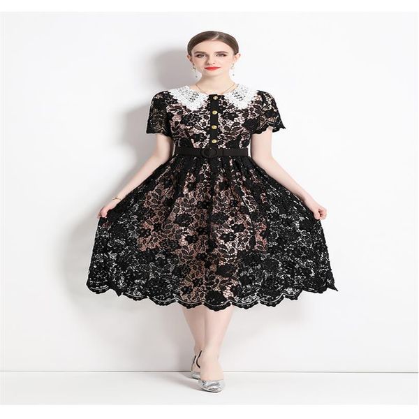 summer runway women lace hollow out embroidery dress luxury gold button peter pan collar short sleeve belt midi vestidos 20232429, Black;gray
summer runway women lace hollow out embroidery dress luxury gold button peter pan collar short sleeve belt midi vestidos 20232429, Black;gray