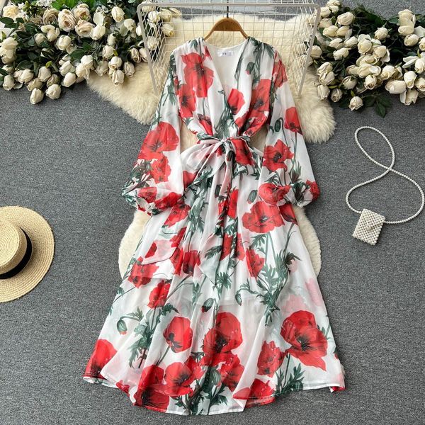 2023 spring and summer thin chiffon printed dress waistband show slim temperament v-neck lantern sleeves retro long skirt, Black;gray
2023 spring and summer thin chiffon printed dress waistband show slim temperament v-neck lantern sleeves retro long skirt, Black;gray