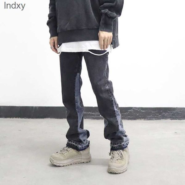high street washed color match frayed micro-flared jeans mens straight spliced retro loose casual denim pants hip hop trousers, Blue
high street washed color match frayed micro-flared jeans mens straight spliced retro loose casual denim pants hip hop trousers, Blue