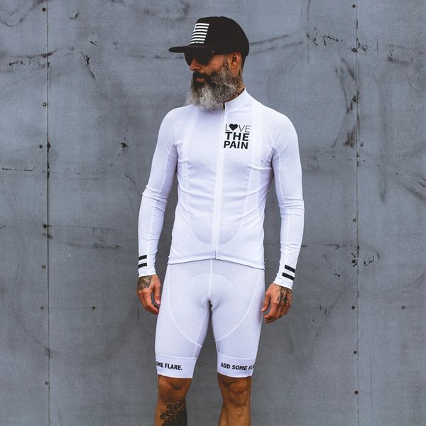 Image of Cycling Jersey Sets Love The Pain White Cycling Jersey Suit Usa Ciclismo Team Clothing Mens Shirt Long Sleeve Bib Shorts Road Bike Tri Suit Mtb 230823