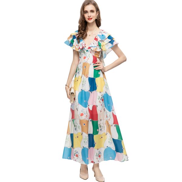 women's runway dresses v neck tiered layered printed casual fashion high street holiday long vestidos, Black
women's runway dresses v neck tiered layered printed casual fashion high street holiday long vestidos, Black
