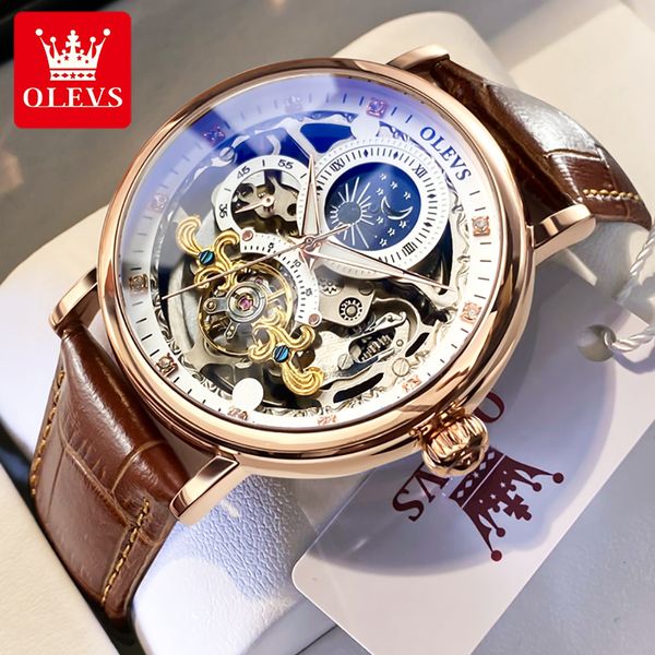 

wristwatches olevs moon phase mechanical watch men with dual time zone display waterproof automatic skeleton mens watches brand luxury 23082, Slivery;brown