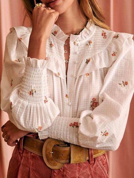 women's blouses shirts rowling mirror floral embroidery button ruffle shirt women lapel long lantern sleeve single breasted blouse offi, White
women's blouses shirts rowling mirror floral embroidery button ruffle shirt women lapel long lantern sleeve single breasted blouse offi, White